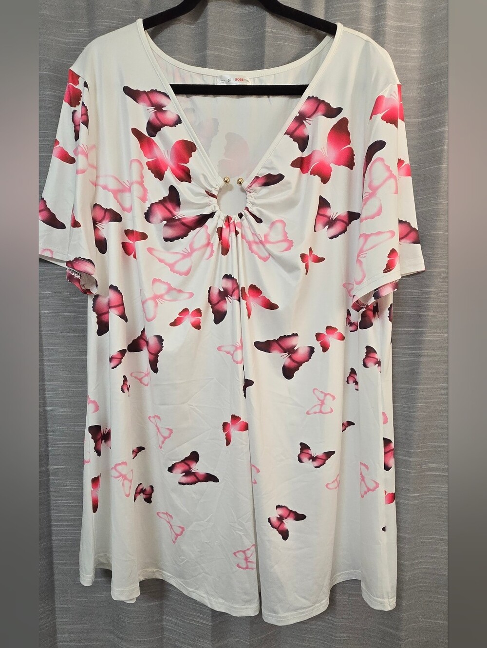 Rosegal White Top with Pink Floral Accents and Gold Ring Detail
